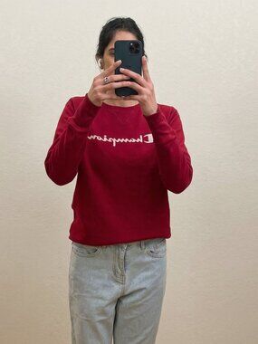 Champion Red Sweatshirt Women Size [S] Logo Crewneck Casual Top